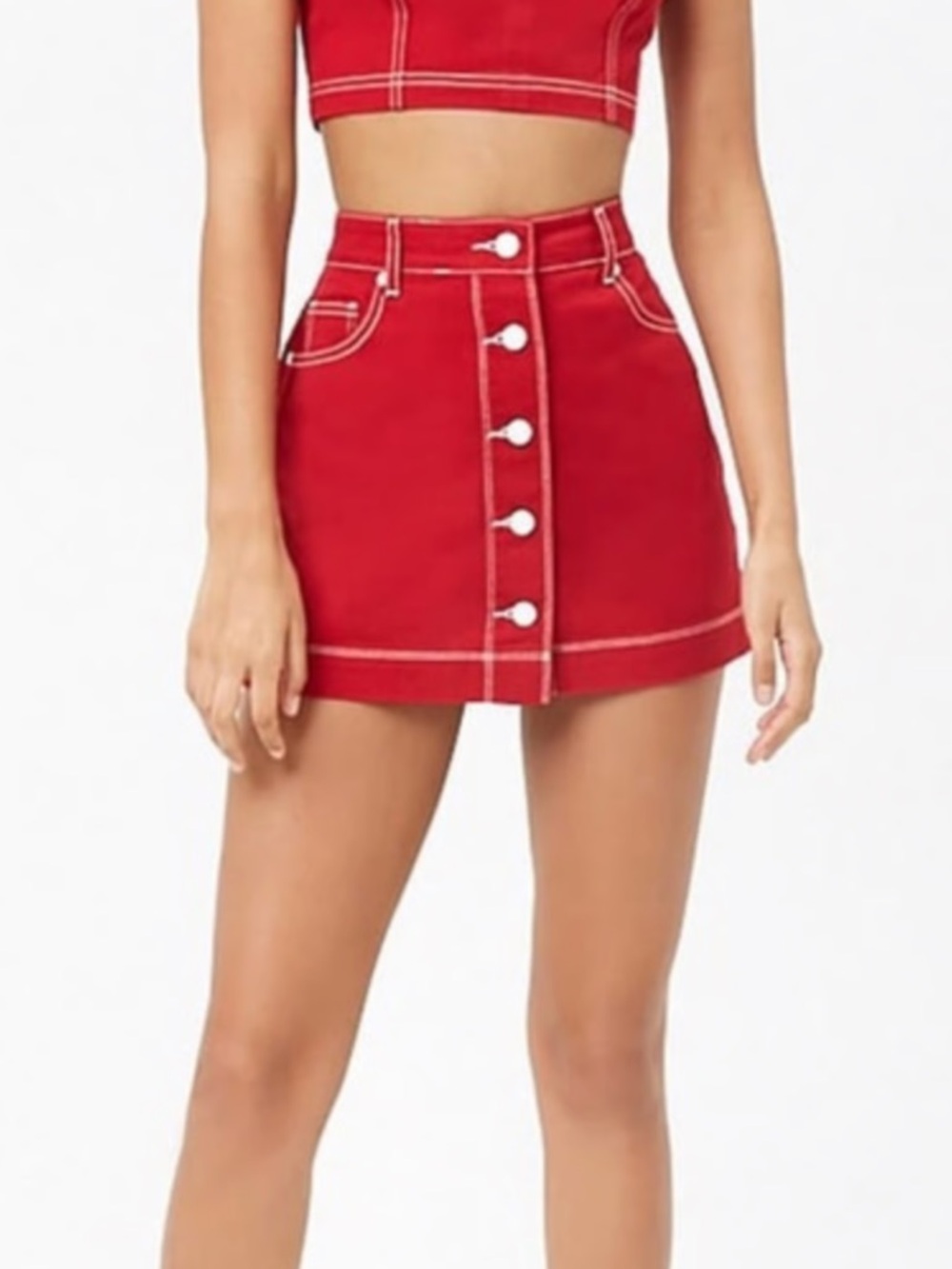 FOREVER 21 Red Button Down Denim Skirt Size S Women White Stitching A-line H7